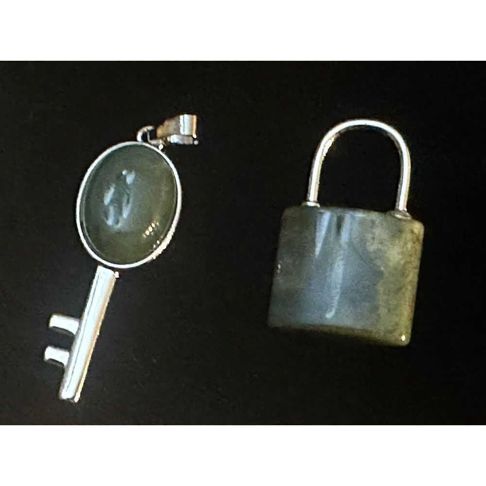 Green Aventurine Set Of 2 Lock And Key Pendant Silver tone